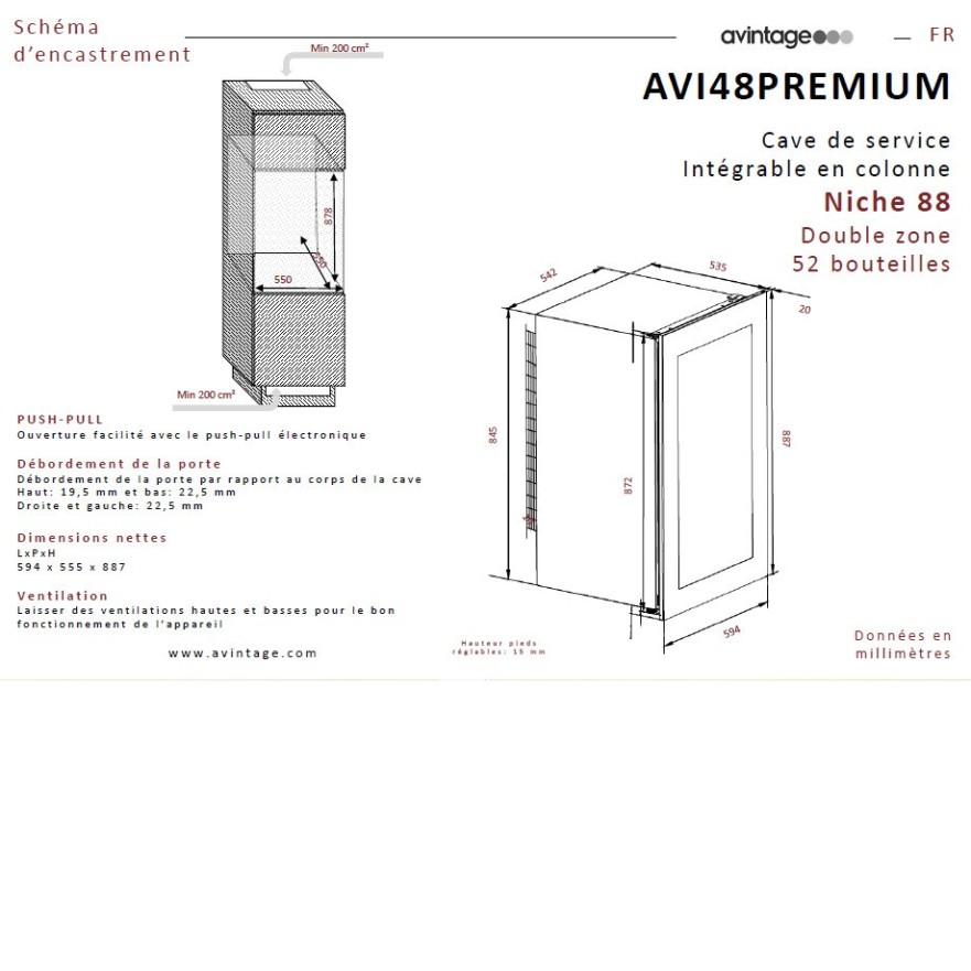 Vinoteca negra encastrable en columna 2 zonas temperatura 44 botellas Avintage AVI88PLATINUM