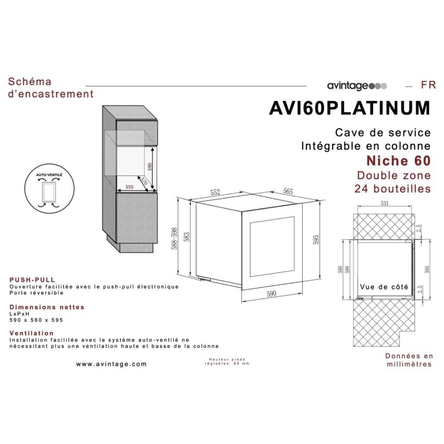 Vinoteca Encastrable columna AVI60PLATINUM - 24 Botellas y Doble Zona de Temperatura
