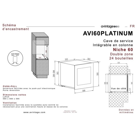 Vinoteca Encastrable columna AVI60PLATINUM - 24 Botellas y Doble Zona de Temperatura