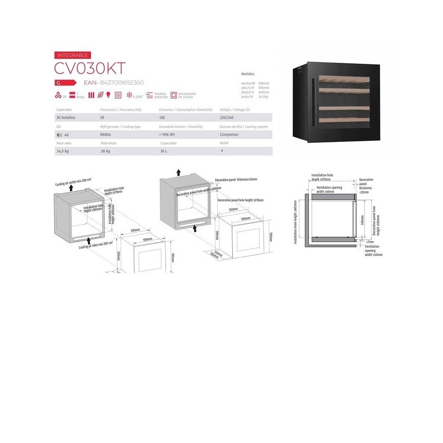 Vinoteca Cavanova Encastrable Columna 30 Botellas CV030KT - Compacta y Elegante