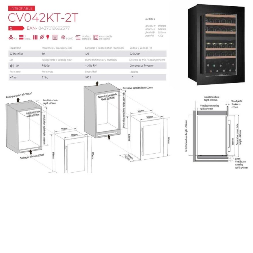 Vinoteca Encastrable Cavanova – 42 Botellas, 2 Zonas de Temperatura, Panelable