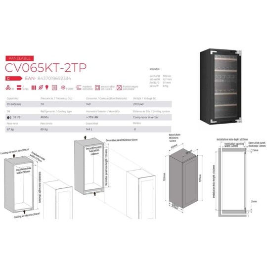 Vinoteca Encastrable Cavanova – 65 Botellas, 2 Zonas de Temperatura, Panelable