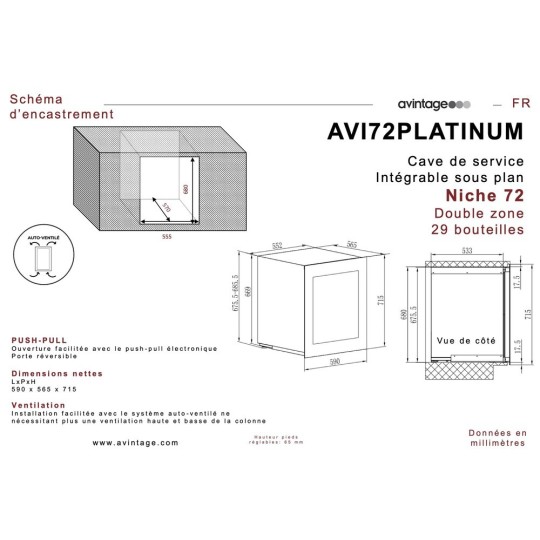 Vinoteca Encastrable Avintage AVI72PLATINUM - 29 Botellas, Doble Zona y Diseño Push-Pull