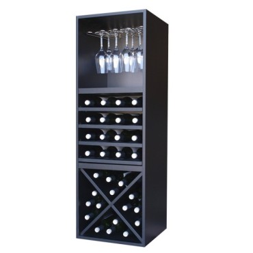 Botellero Serie Merlot 631642 – 32 Botellas y 12 Copas, Modular Vertical, Acabado Negro Soft, 42x126x39 cm