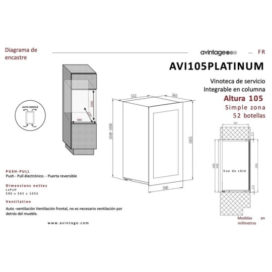 Vinoteca Avintage AVI105PLATINUM – 56 Botellas, Encastrable, 2 Zonas y Control por App