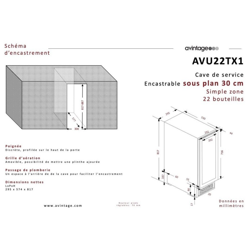 Vinoteca encastrable bajo encimera Avintage AVU22TX1 – 22 botellas, acero inoxidable, alta eficiencia