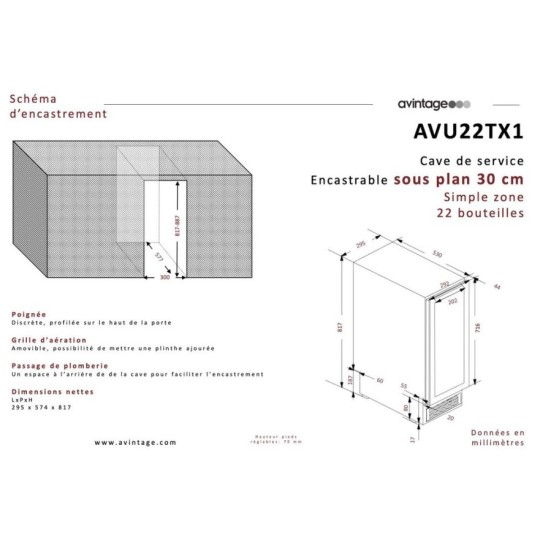 Vinoteca encastrable bajo encimera Avintage AVU22TX1 – 22 botellas, acero inoxidable, alta eficiencia