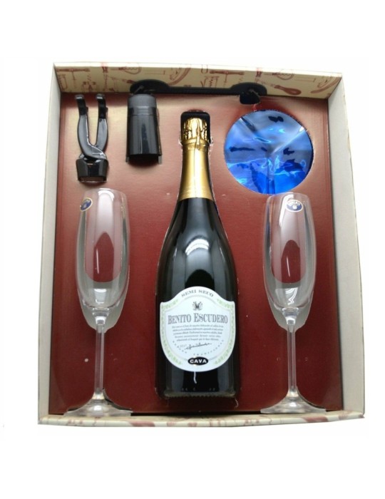 Estuche Set Cava Topacio – Cava D.O. Rioja Escudero Brut Nature Personalizado + Accesorios