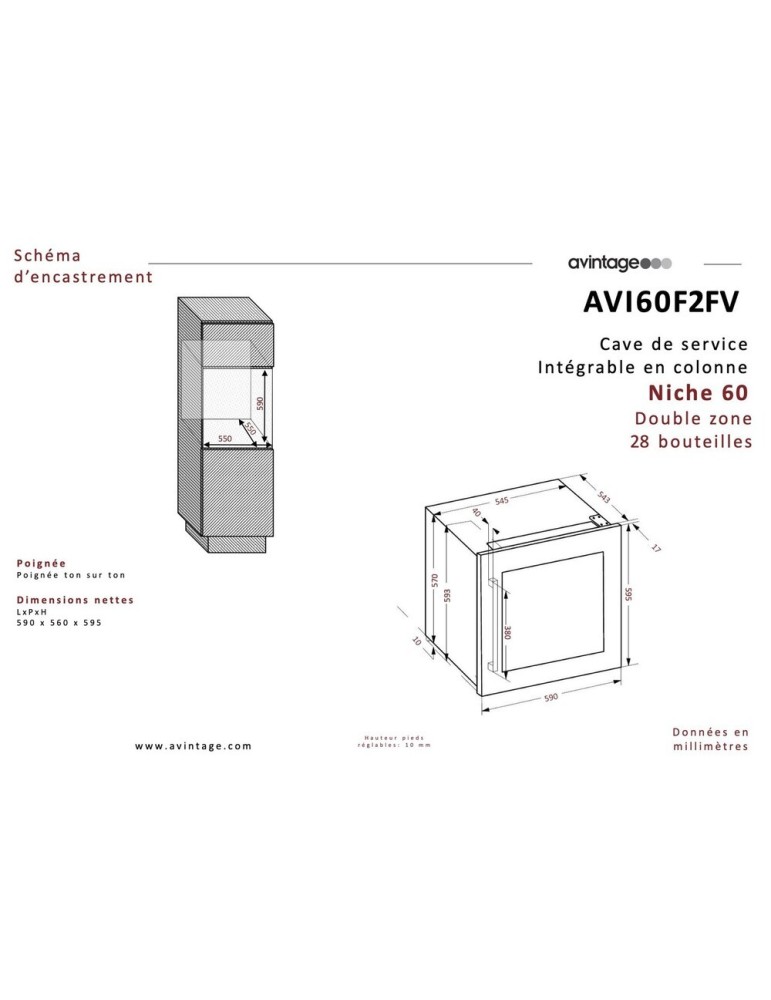 Vinoteca encastrable en columna 2 zonas temperatura 28 botellas Avintage AVI60F2FV