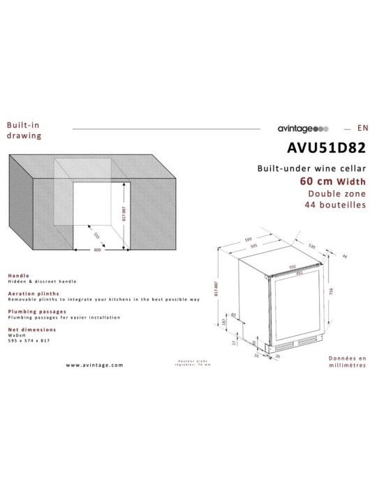 Vinoteca Avintage AVU51D82 – Negra Integrable 44 Botellas, 2 Zonas de Temperatura