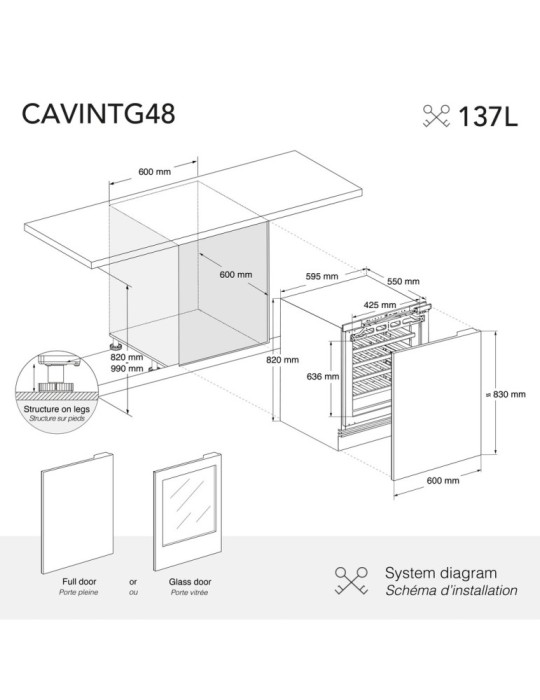 Vinoteca panelable Les Petits Champs CAVINTG48 – Encastrable bajo encimera, 48 botellas, temperatura 5–22 °C